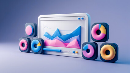 cute and chunky data visualization: a 3d mockup of user interface withempty screen for content and side panels containing colorful donut charts and a bar graph, set against a soft pastel background