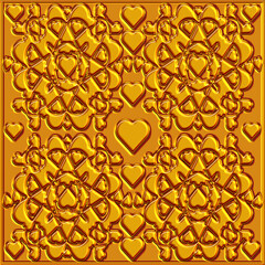 3d abstract background with golden heart ornament,  ideal for Valentine&rsquo;s Day themes, wallpapers, fabric prints, gift wrapping, or love-themed digital art projects.