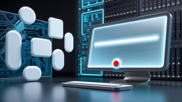 A futuristic data center scene featuring a sleek monitor with a glowing horizontal line and red indicator, a minimalist keyboard, floating white data nodes connected by a blue circuit board pattern - Powered by Adobe