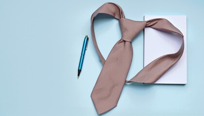 Brown business tie with a blue pen and white notebook representing work, office, professionalism, and Father's Day concept