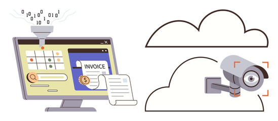 Computer displaying data input, invoice processing, document, and security camera with cloud connection. Ideal for data management, finance, automation, technology, security cloud computing digital