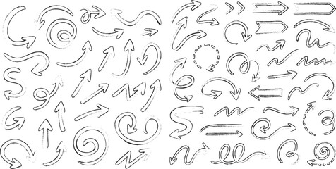 Hand drawn sketchy arrow set, black doodle arrows with swirls, curves, and dashed lines, vector design elements on white background
