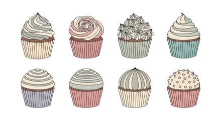 Pixelated Cupcakes Array on White Background in Pastel Tones Digital Art Illustration