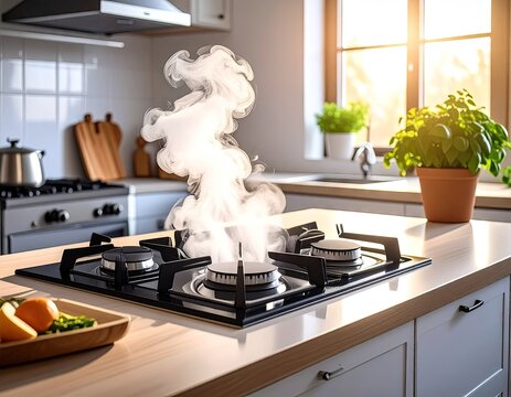 Smoke Billowing From Black Cooktop in Bright Kitchen Interior with Sunlight