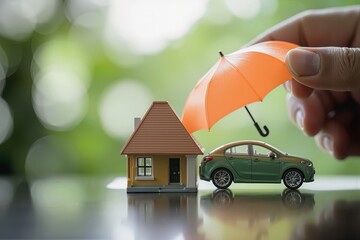 Hand holding an umbrella providing protection over a miniature house and car on a reflective surface, representing insurance and security