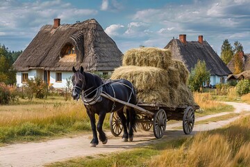 Obraz premium Horse-Drawn Wagon Carrying Hay Bales in Village