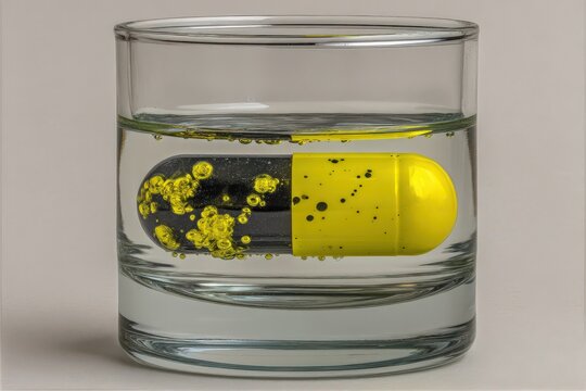 Capsule floating in a glass of liquid revealing intricate bubbles reflecting the fusion of science and creativity via modern artistic composition captured with clarity