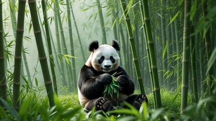 In the heart of a serene, mist-covered bamboo forest, a magnificent giant panda sits peacefully amidst a sea of emerald-green foliage. The gentle creature, a cherished symbol of conservation