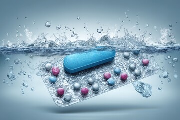 Captivating underwater scene portraying a medley of pharmaceutical tablets and blister packaging submerged in crystal-clear water emphasizing freshness and health-conscious choices