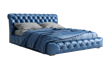 Elegant blue bed isolated on transparent background with tufted headboard design