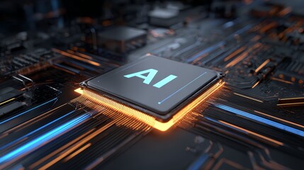 A futuristic AI chip glows within a transparent cube, sparks of neon lines flowing through the motherboard.