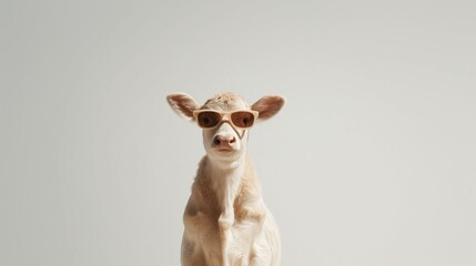 beige cow wearing sunglasses minimalist background