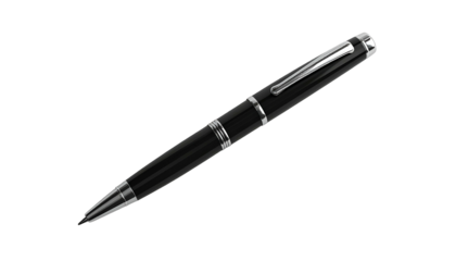 Shiny black writing tool with silver accents, set against a stark black background