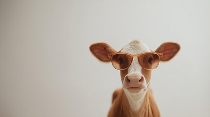 brown and white cow in sunglasses studio portrait
