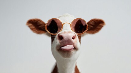 cow with round sunglasses sticking tongue out