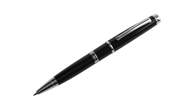 Shiny black writing tool with silver accents, set against a stark black background