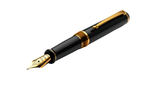 A sleek black fountain pen with gold accents, poised against a stark black background
