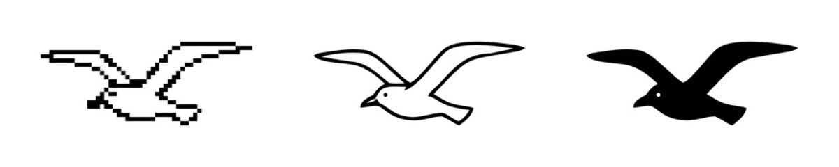 Evolution of Bird Icon from Pixelated to Solid Silhouette on White Background