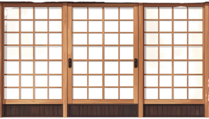 Three-panel Japanese sliding door. Wooden frame, grid pattern, white paper inserts