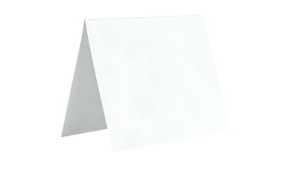 A blank, white tent card, folded in half, standing against a dark background