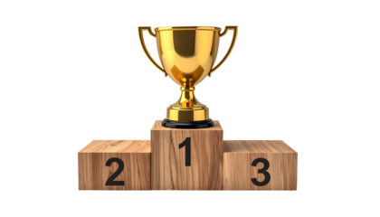 Golden trophy on a wooden podium, numbers indicate placement, isolated on black