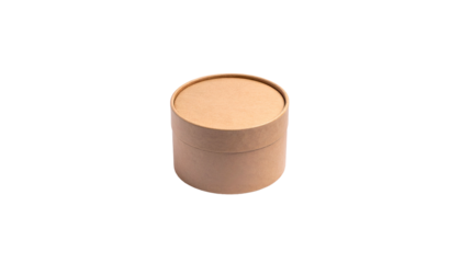 A small, cylindrical cardboard container with a fitted lid sits against a solid black backdrop
