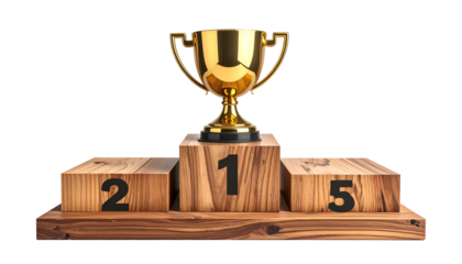 Gleaming gold trophy atop a wooden podium, marking the top spot, against black background