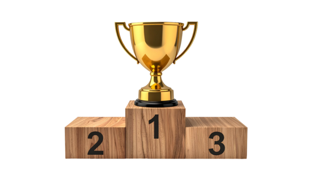 Golden trophy on a wooden podium, numbers indicate placement, isolated on black - Powered by Adobe