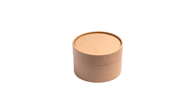A small, cylindrical cardboard container with a fitted lid sits against a solid black backdrop
