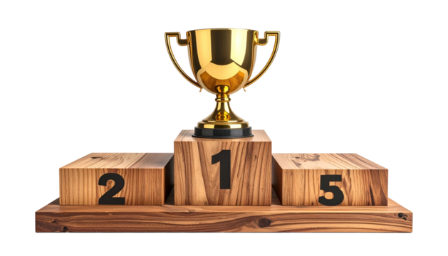 Gleaming gold trophy atop a wooden podium, marking the top spot, against black background