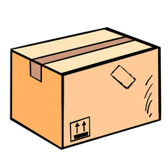 งานศิลปะที่A simple cartoon illustration of stacked cardboard boxes. The boxes are drawn with clean lines and light brown shades, representing packaging, delivery, or storage in a fun and minimal styl