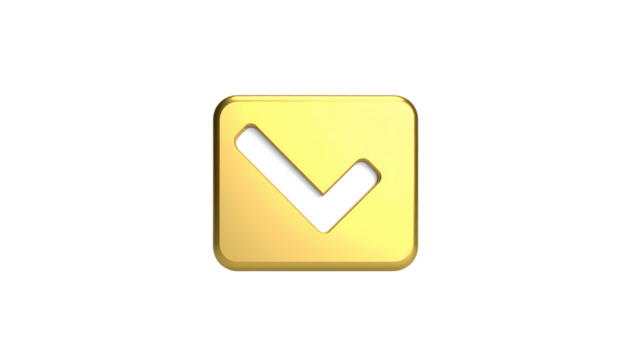 A gold square, rounded, with a white checkmark inside, floating on a black background - Powered by Adobe