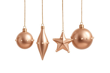 Rose gold christmas ornaments hanging transparent background