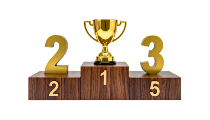Gold trophy on a wooden podium with numbers representing 1st, 2nd, and 3rd place
