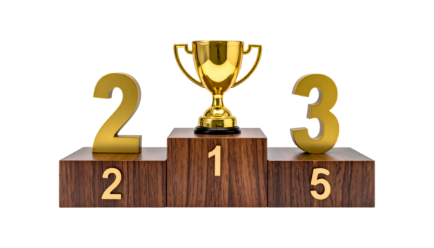Gold trophy on a wooden podium with numbers representing 1st, 2nd, and 3rd place - Powered by Adobe