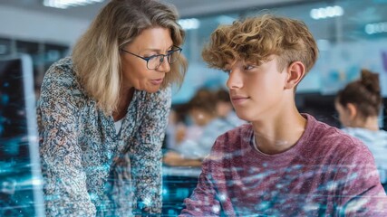 A teacher and a student interact in a contemporary classroom, focusing on digital tools and educational technology. The image captures teamwork, mentorship, and the future of learning environments - Powered by Adobe