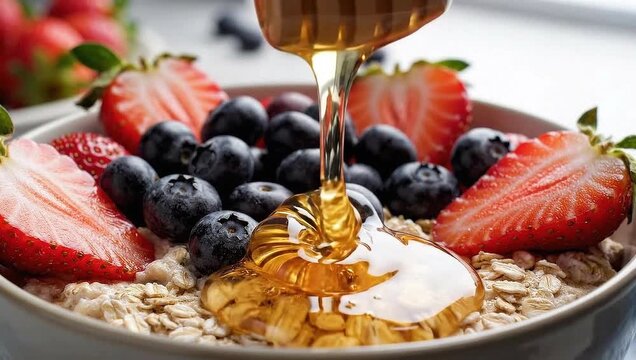Healthy oatmeal breakfast bowl with strawberries blueberries and honey recipe ideas and inspiration