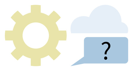 Gear symbolizing processes, cloud for data storage, and speech bubble with a question mark for inquiry. Ideal for technology, innovation, digital solutions, troubleshooting, cloud computing