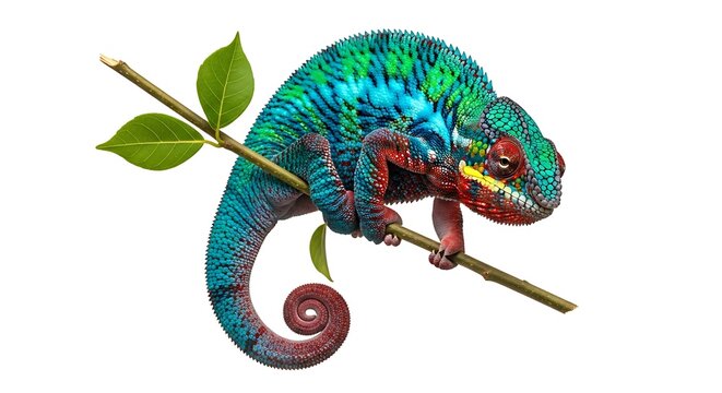 Stunning macro shot of a brightly colored chameleon reptile perched on a delicate twig with fresh green leaves against a clean white background - Powered by Adobe