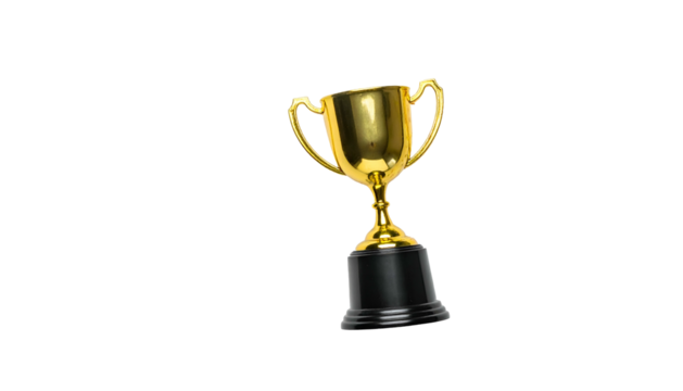Isolated golden trophy with black base, angled against a void background