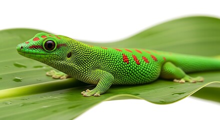 A vibrant green day gecko with striking red spots rests on a large tropical leaf against a clean white background