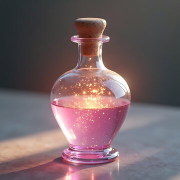 Magic potion bottle, pink sparkling fantasy elixir in a glass jar

