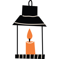 Hand drawn illustration of an old black lantern with an orange candle flame inside against a transparent background