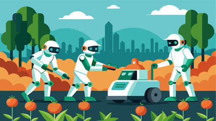 A group of robotic herb harvesters working together in perfect synchrony efficiently covering a large area and completing the harvest in record time.. Vector illustration