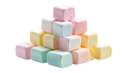 Stacked pastel cube-shaped treats, arranged in a pyramid formation against a dark backdrop
