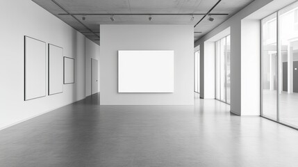 Fototapeta premium Stunning modern art gallery interior featuring minimalist white walls, polished concrete floors, and large blank canvases ready for display.