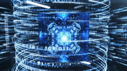 A glowing blue cube representing AI or a central processing unit, surrounded by digital information - Powered by Adobe