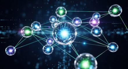 Floating transparent spheres connected by lines, digital communication idea