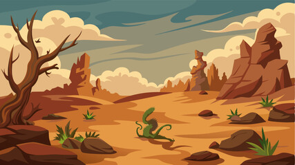 A rocky barren wasteland where the only signs of life are scraggly twisted shrubs and the occasional lizard scurrying for cover.