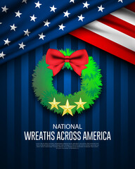 National Wreaths Across America Day. Wreath, ribbon, American flag graphic elements. Suitable for posters, banners and social media. Blue Stripes background.